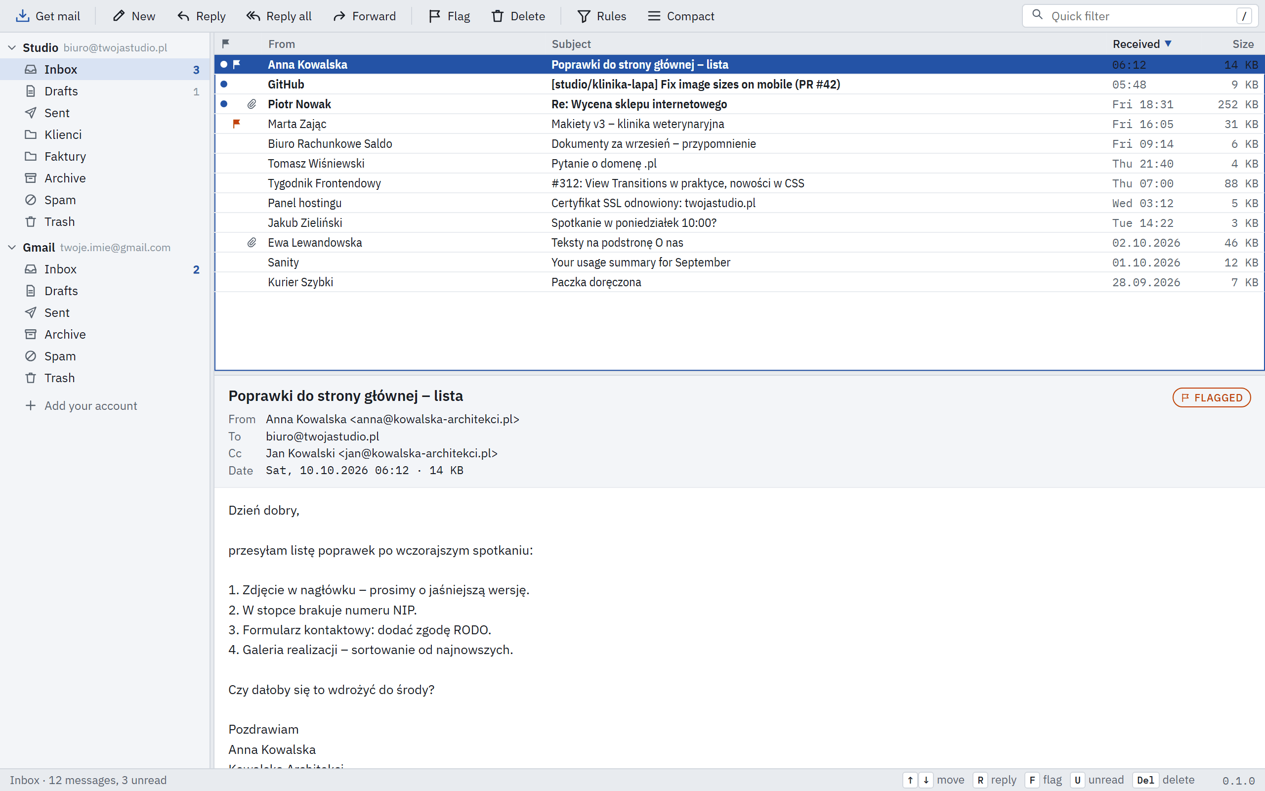 Telex main window: folder tree, message list and the selected message.