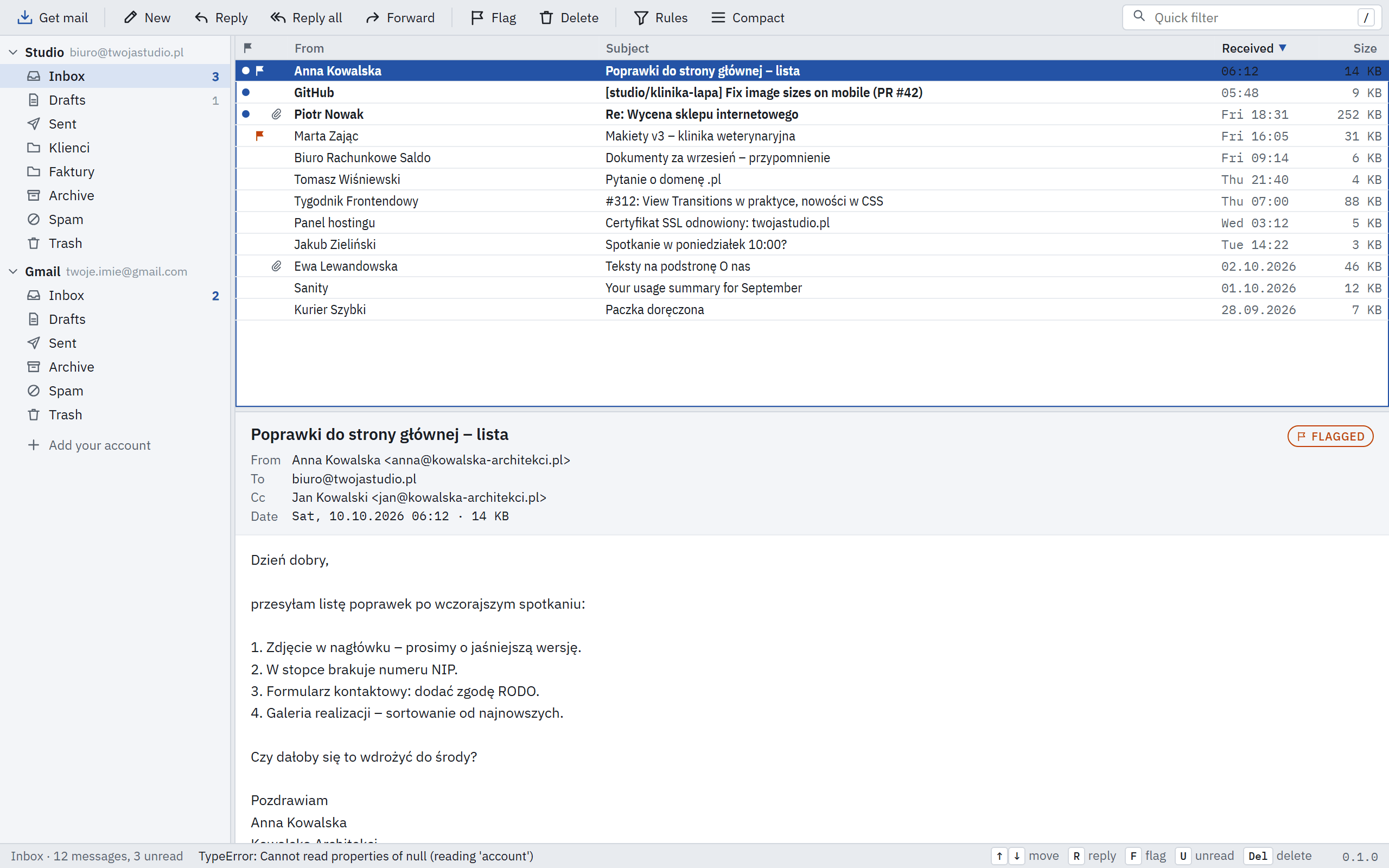 Telex: R opens the reply right in the reading pane: plain text in a mono face, quoted with a Polish header.